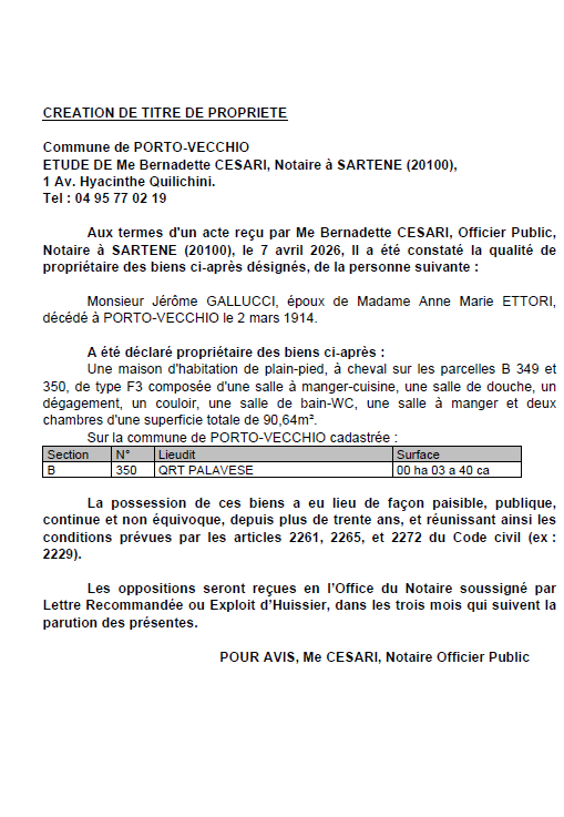 Avis de création de titre de propriété - Commune de Portivechju (Pumonti)