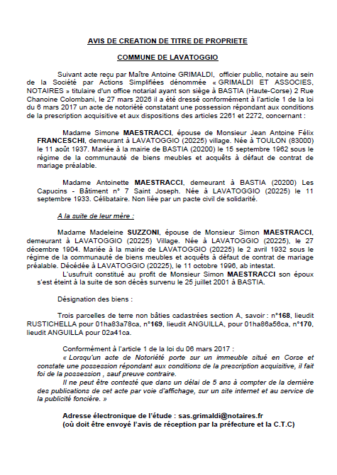 Avis de création de titre de propriété - Commune de Lavatoghju (Cismonte)