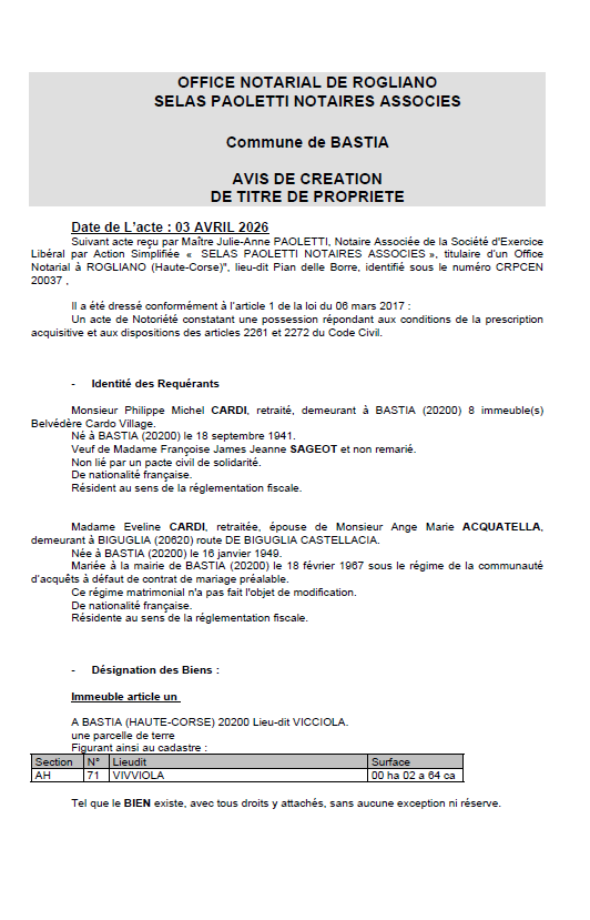 Avis de création de titre de propriété - Commune de Bastia (Cismonte)