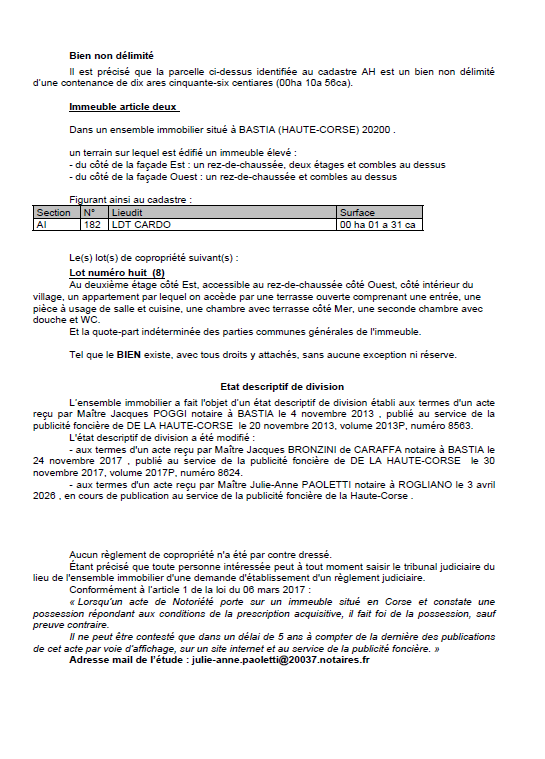 Avis de création de titre de propriété - Commune de Bastia (Cismonte)