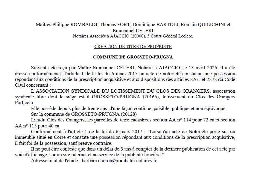 Avis de création de titre de propriété - Commune de Grussetu è Prugna (Pumonti)