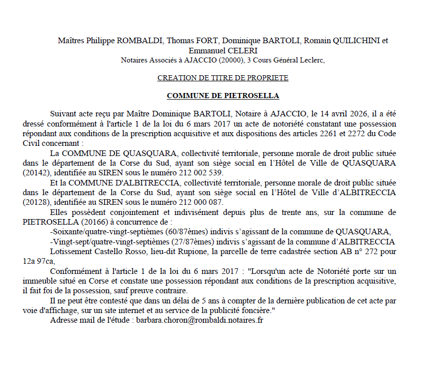 Avis de création de titre de propriété - Commune de Pitrusedda (Pumonti)