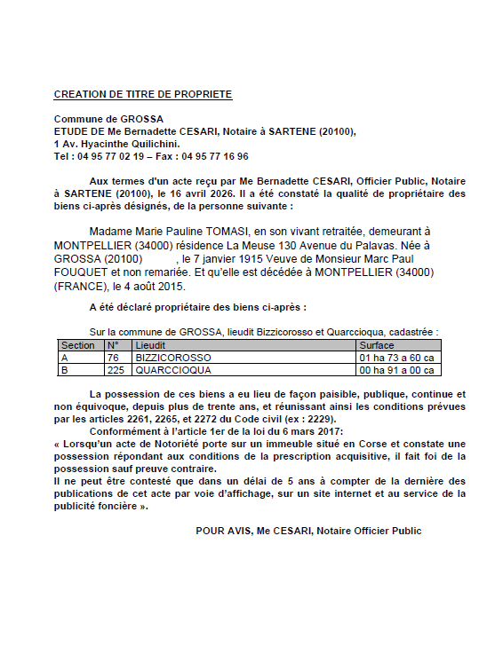 Avis de création de titre de propriété - Commune d'A Grossa (Pumonti)