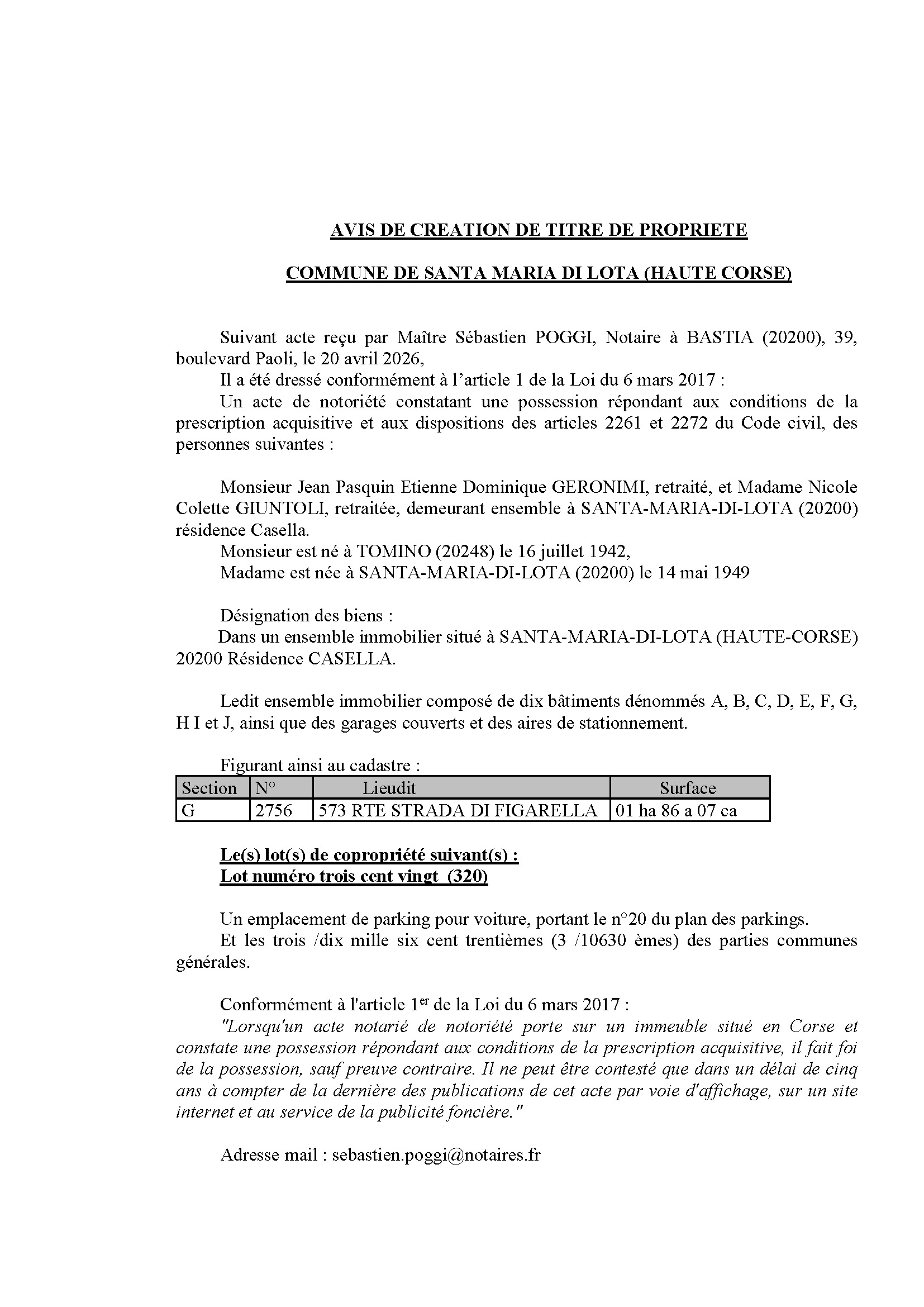 Avis de création de titre de propriété - Commune de Santa Maria di Lota (Cismonte)