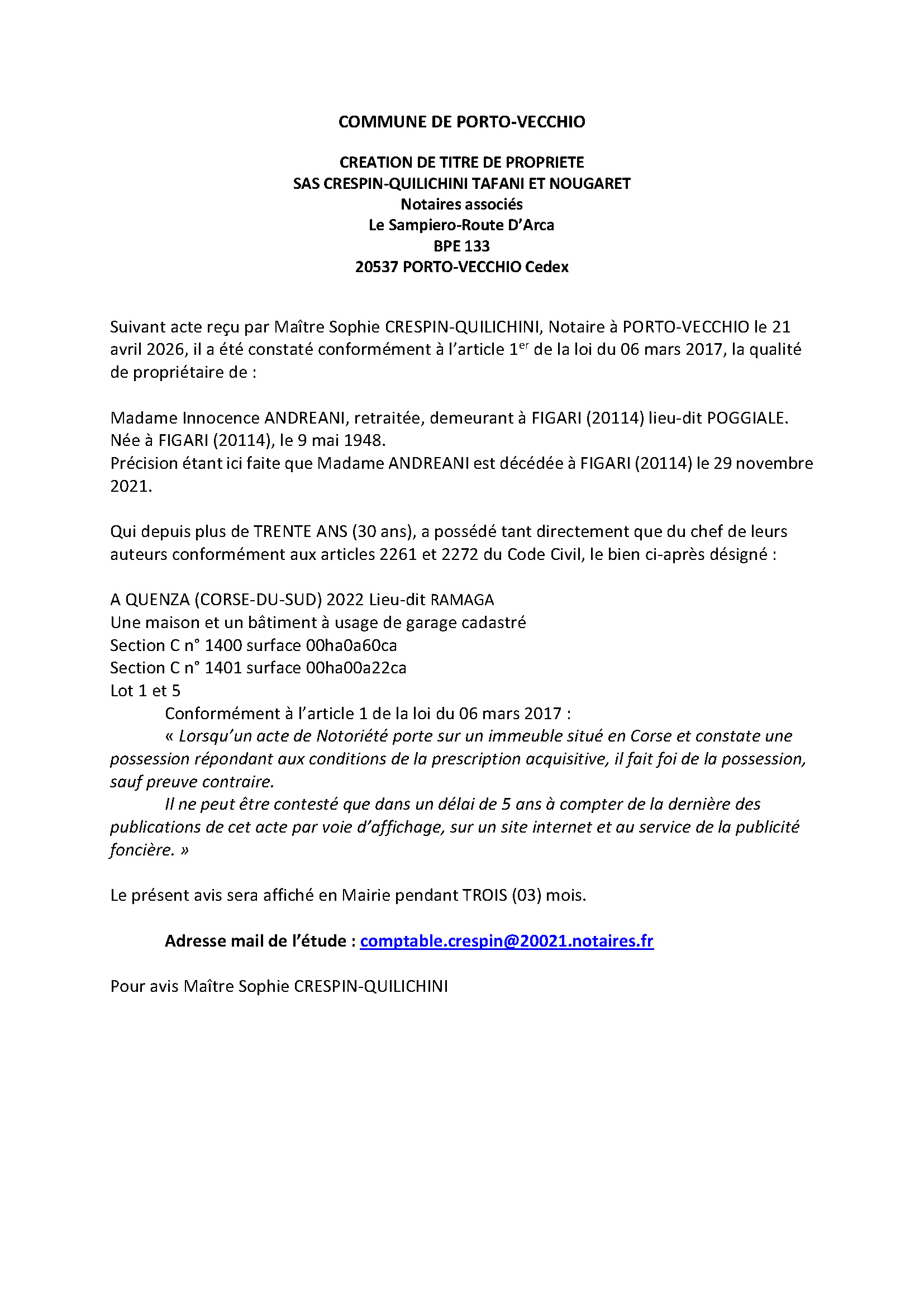 Avis de création de titre de propriété - Commune de Portivechju (Pumonti)