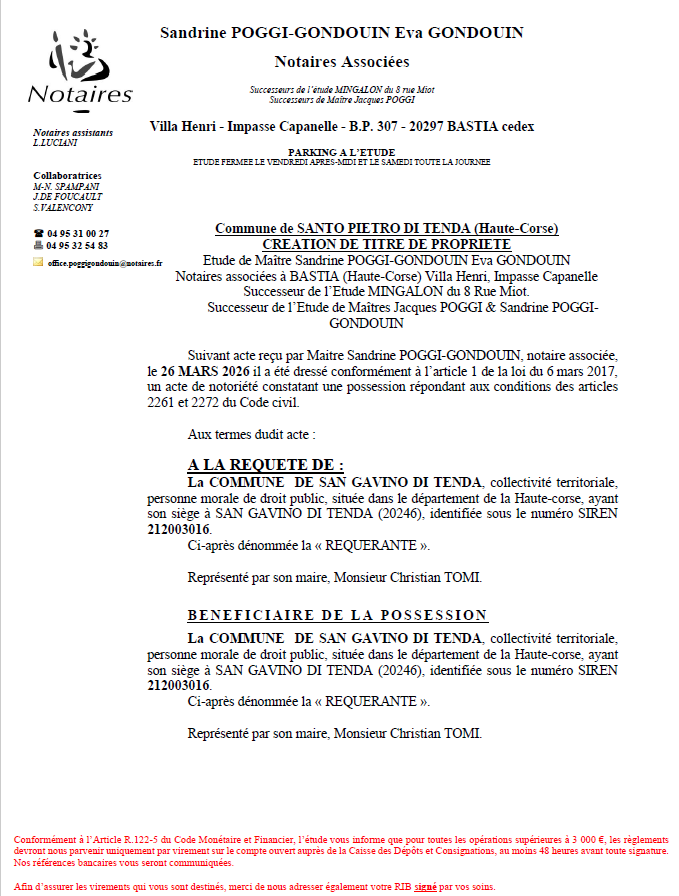 Avis de création de titre de propriété - Commune de Santu Petru di Tenda  (Cismonte)