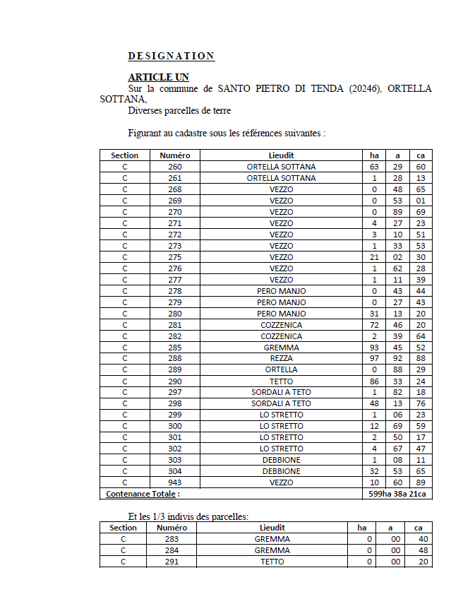 Avis de création de titre de propriété - Commune de Santu Petru di Tenda  (Cismonte)