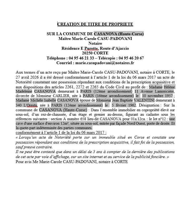 Avis de création de titre de propriété - Commune de Casanova  (Cismonte)