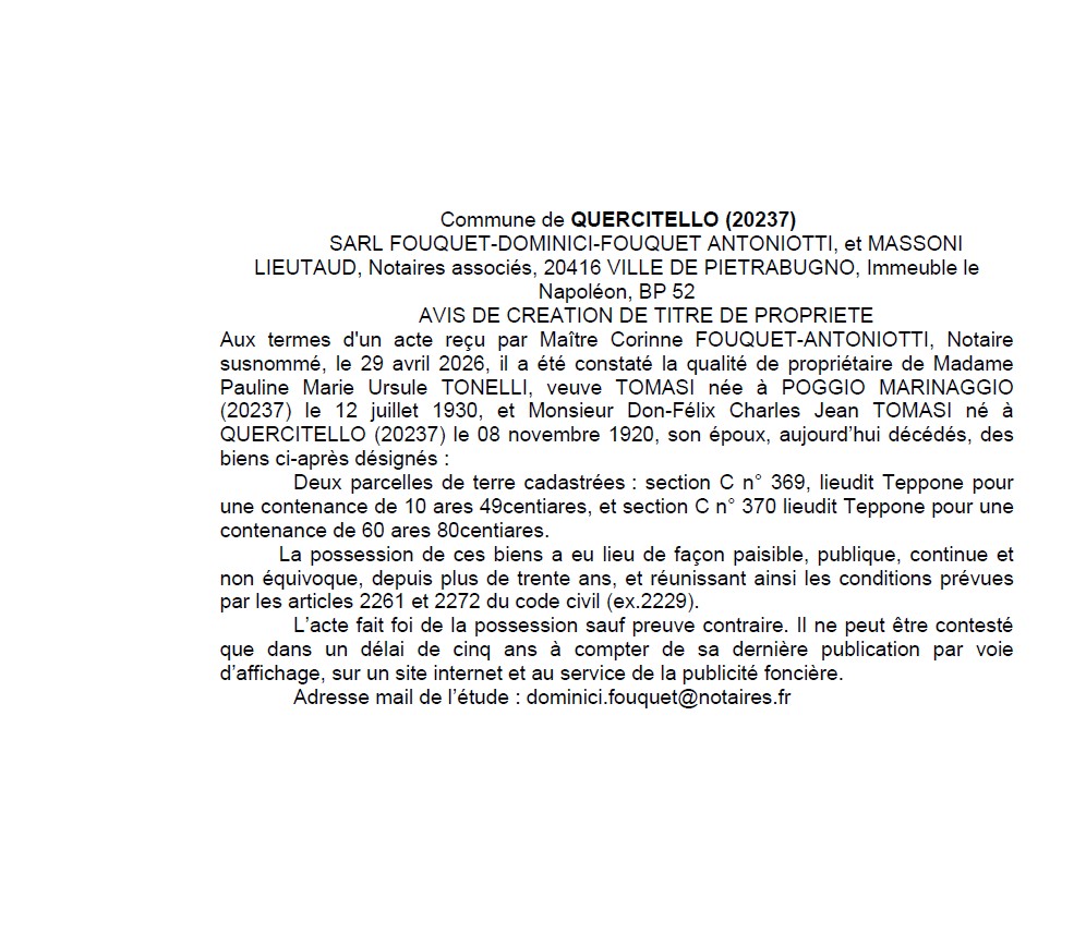 Avis de création de titre de propriété - Commune d'U Quarcitellu (Cismonte)