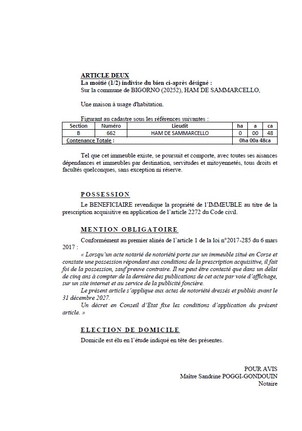 Avis de création de titre de propriété - Commune de Bigornu (Cismonte)