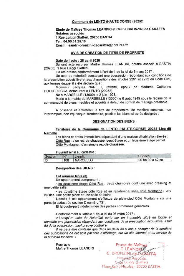 Avis de création de titre de propriété - Commune de Lentu (Cismonte)