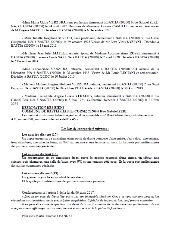 Avis de création de titre de propriété - Commune de Bastia (Cismonte)