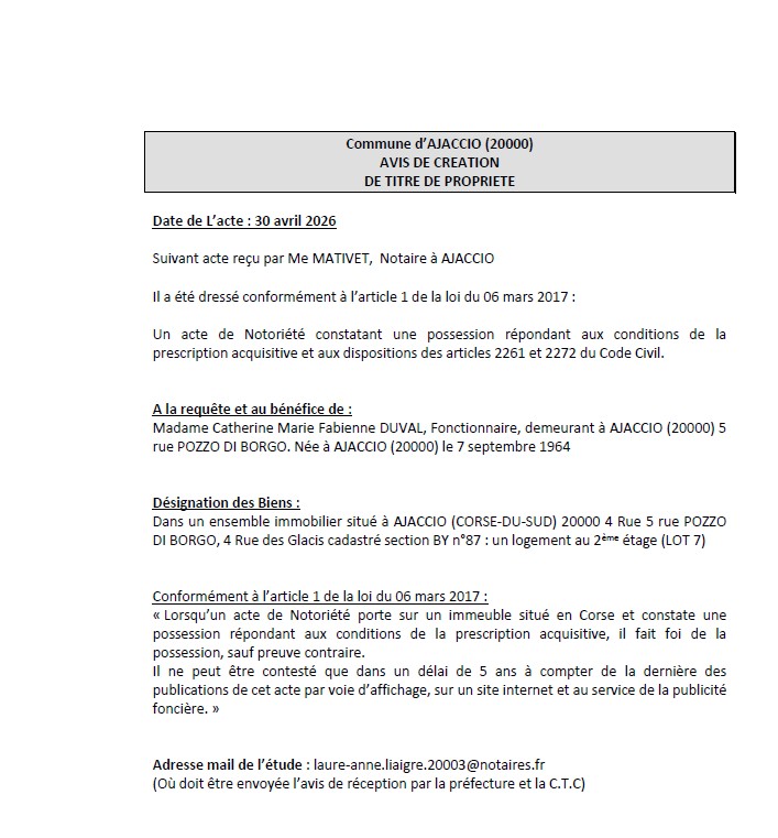 Avis de création de titre de propriété - Commune d'Aiacciu (Pumonti)