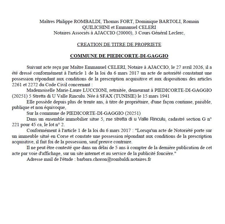 Avis de création de titre de propriété - Commune de Pedicorti di Caghju (Cismonte)
