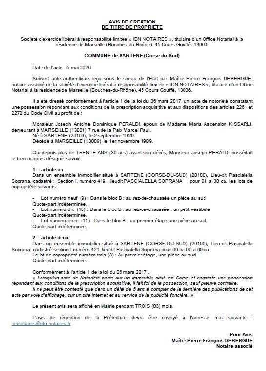 Avis de création de titre de propriété - Commune de Sartè (Pumonti)