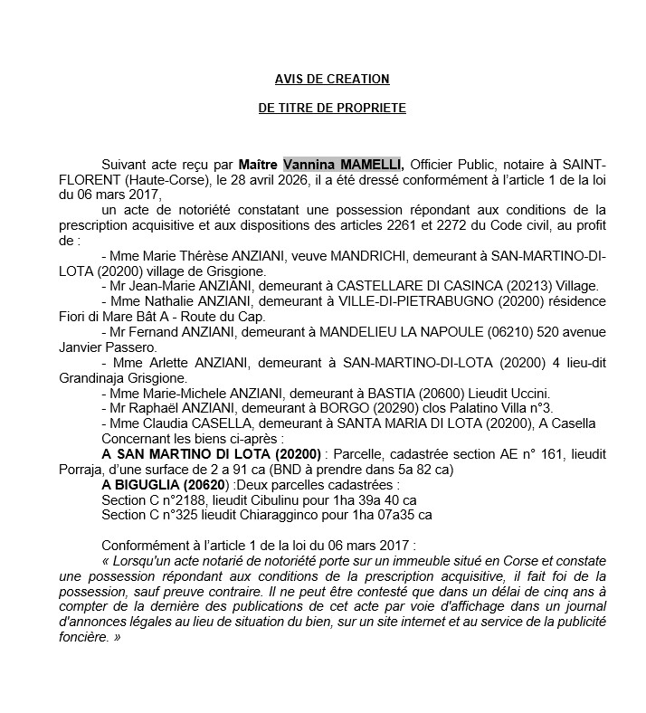 Avis de création de titre de propriété - Communes de San Martinu di Lota et Biguglia  (Cismonte)