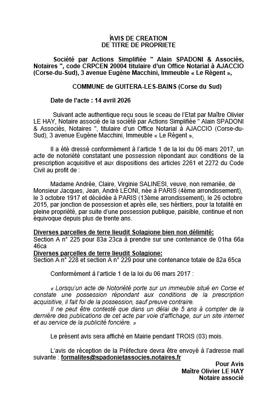 Avis de création de titre de propriété - Commune d'A Vuttera (Pumonti)