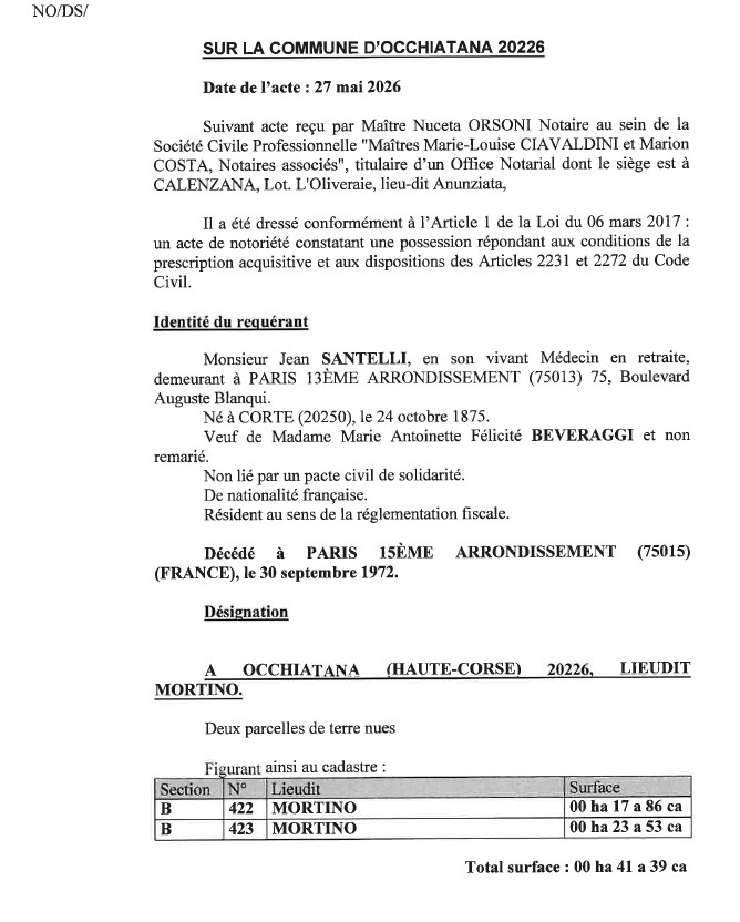 Avis de création de titre de propriété - Commune d'Ochjatana (Cismonte)
