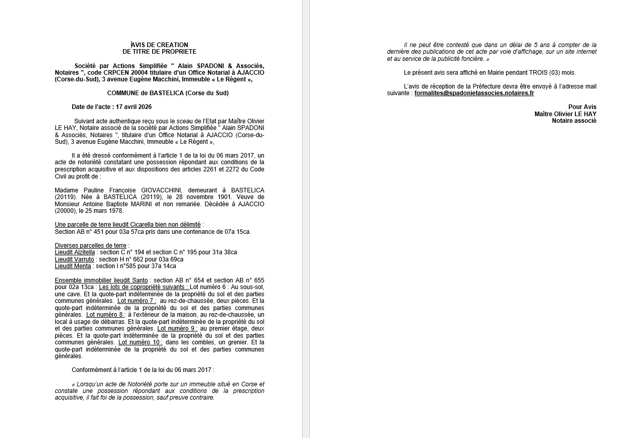 Avis de création de titre de propriété - Commune de Bastelica (Pumonti)