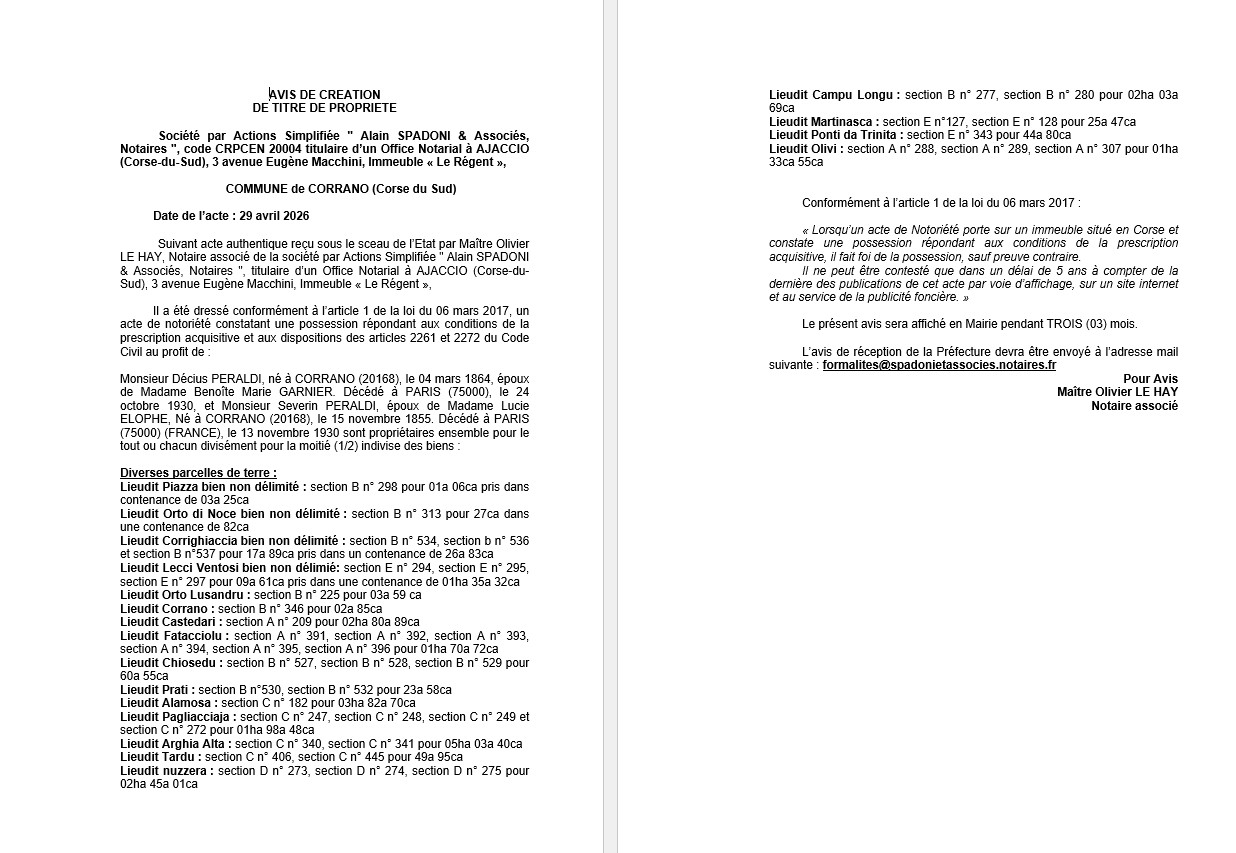 Avis de création de titre de propriété - Commune de Currà (Pumonti)