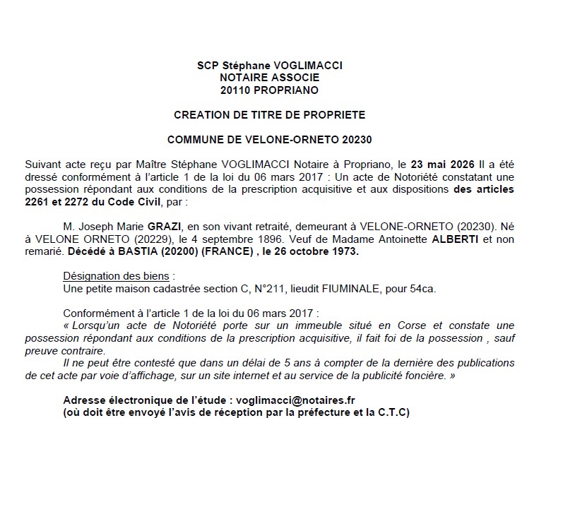Avis de création de titre de propriété - Commune de Vilone è Ornetu (Cismonte)