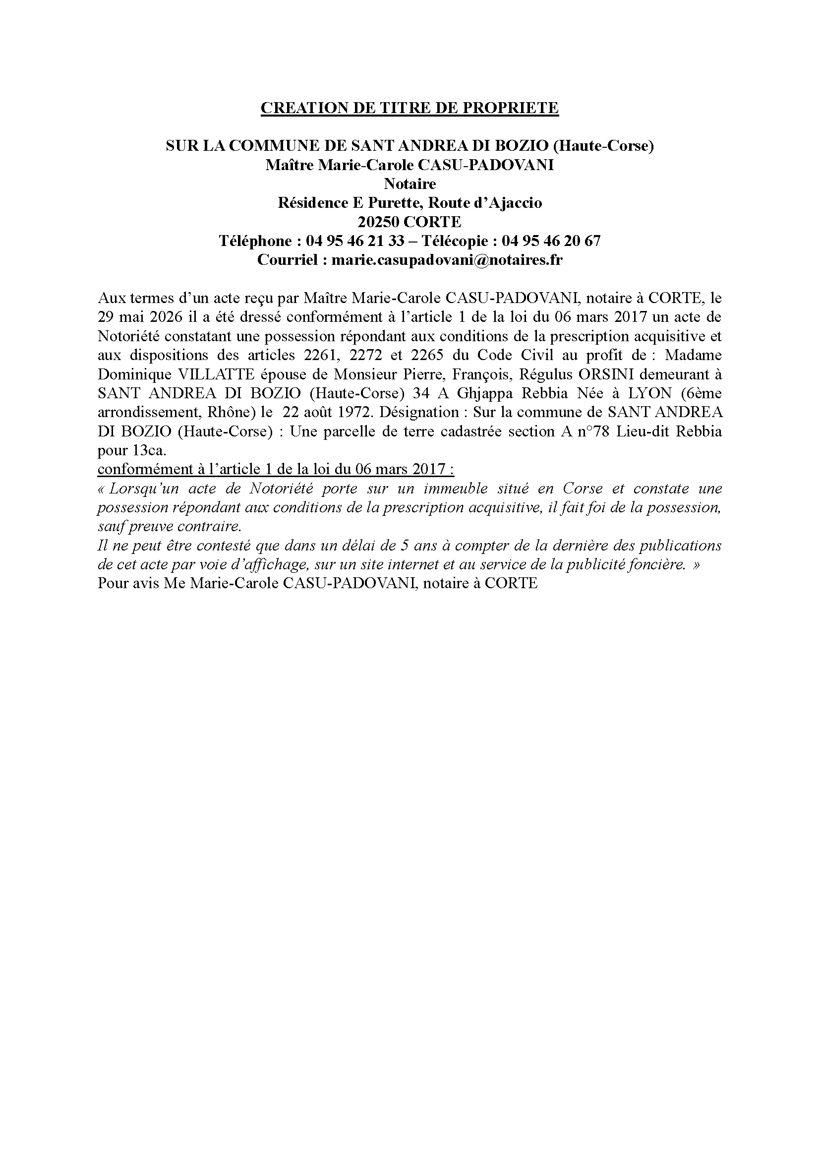 Avis de création de titre de propriété - Commune de Sant'Andria di Boziu (Cismonte)