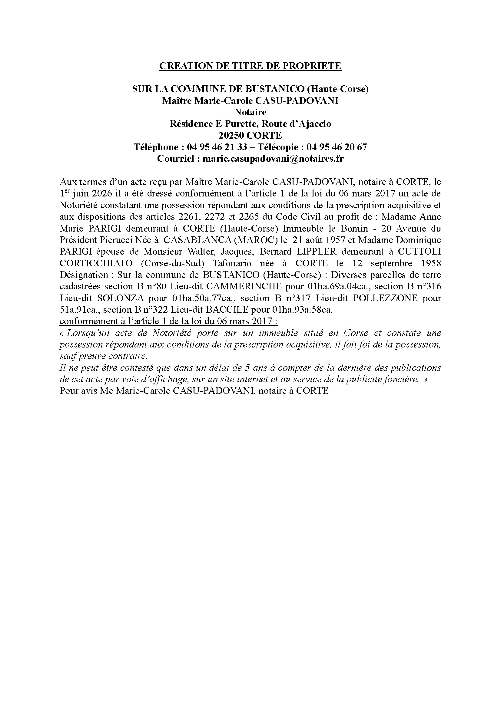 Avis de création de titre de propriété - Commune de Bustanicu (Cismonte)