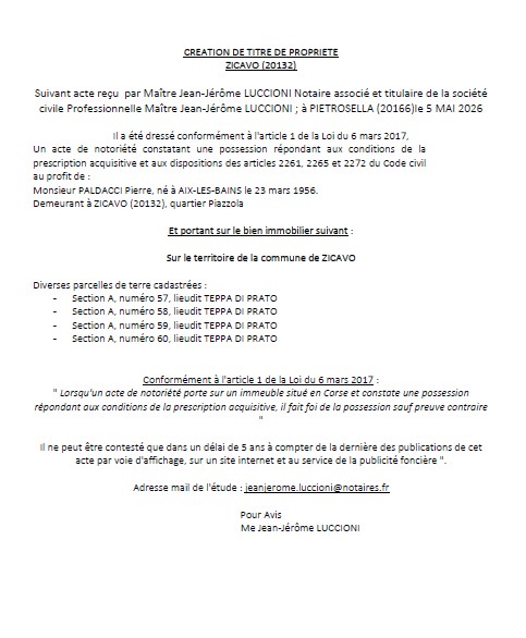 Avis de création de titre de propriété - Commune de Zicavu (Pumonti)