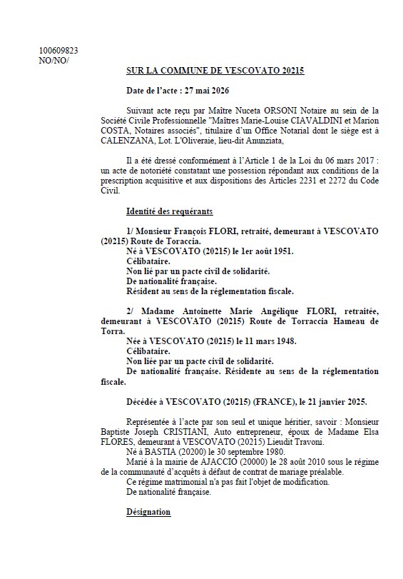 Avis de création de titre de propriété - Commune d'U Viscuvatu (Cismonte)