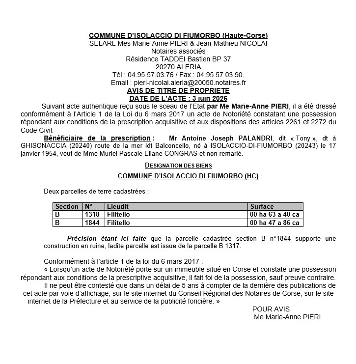 Avis de création de titre de propriété - Commune de L'Isulacciu di Fiumorbu (Cismonte)