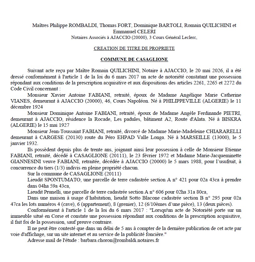 Avis de création de titre de propriété - Commune de Casaglione (Pumonti)