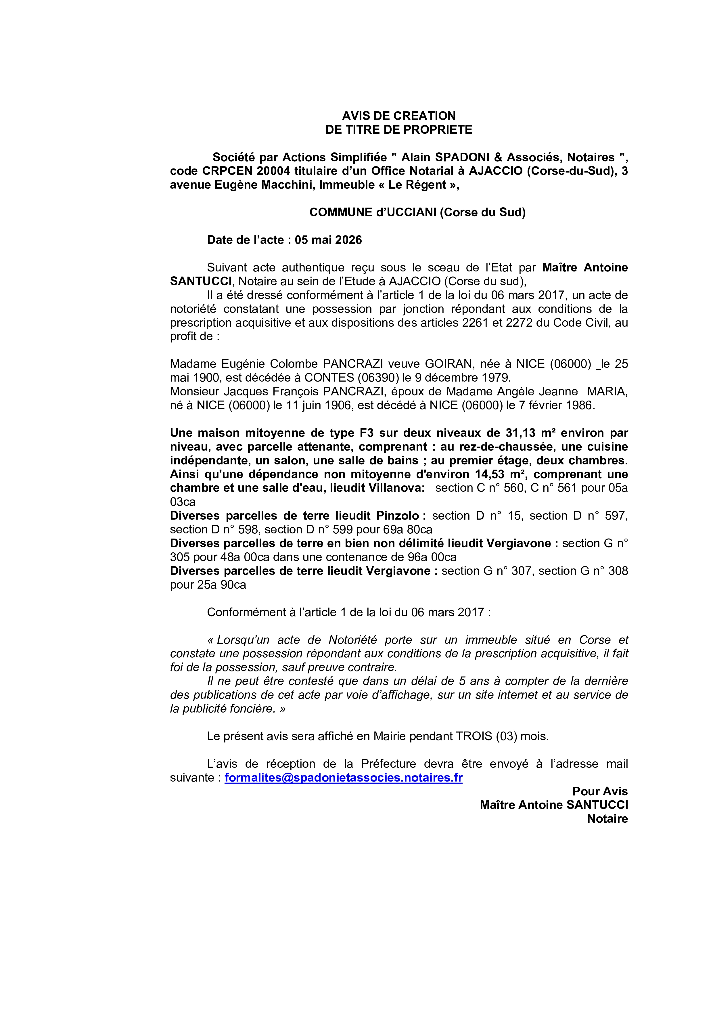 Avis de création de titre de propriété - Commune d'Ucciani (Pumonti)