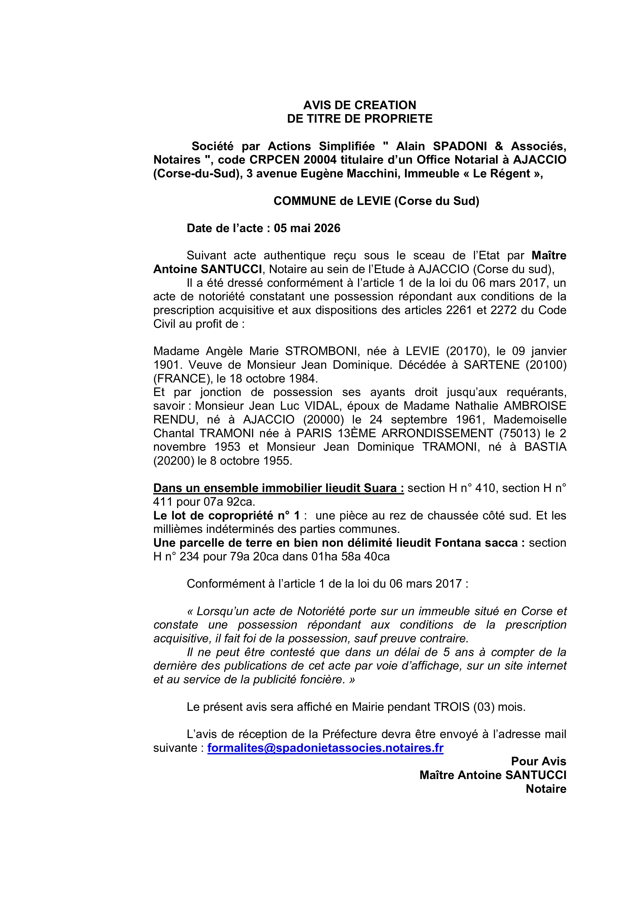  Avis de création de titre de propriété - Commune de Livia (Pumonti)