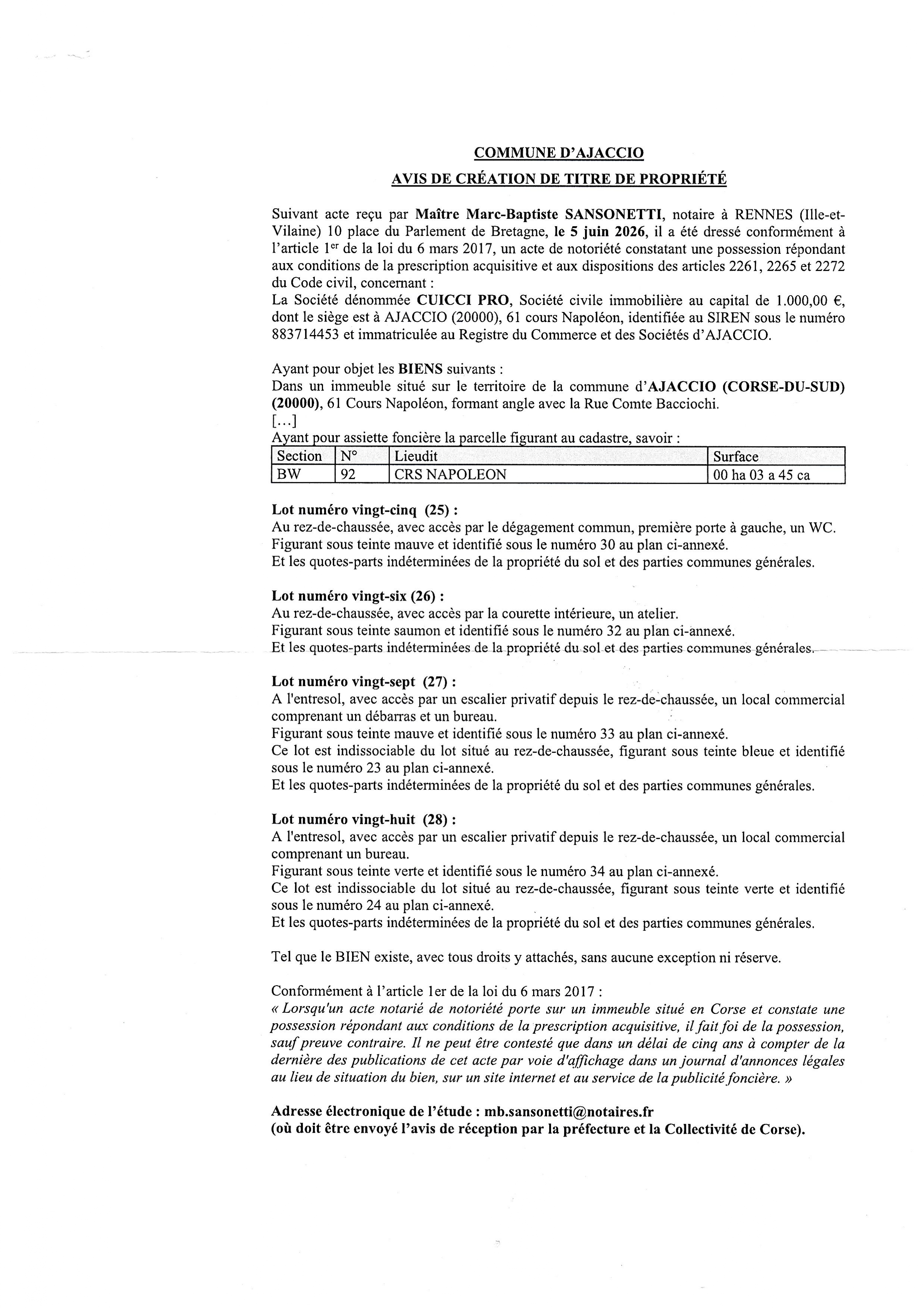 Avis de création de titre de propriété - Commune d'Aiacciu (Pumonti)
