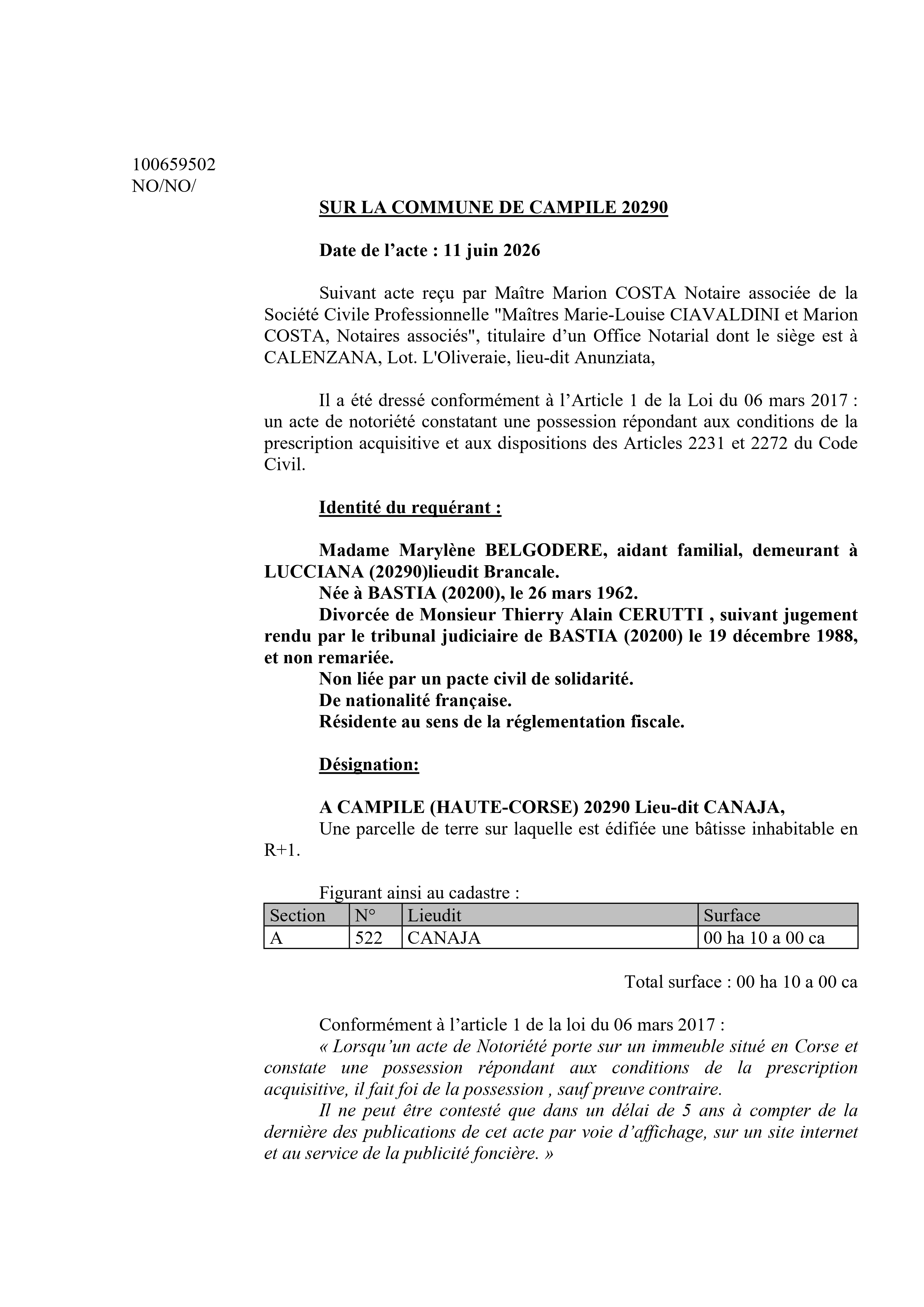 Avis de création de titre de propriété - Commune de Campile (Cismonte)