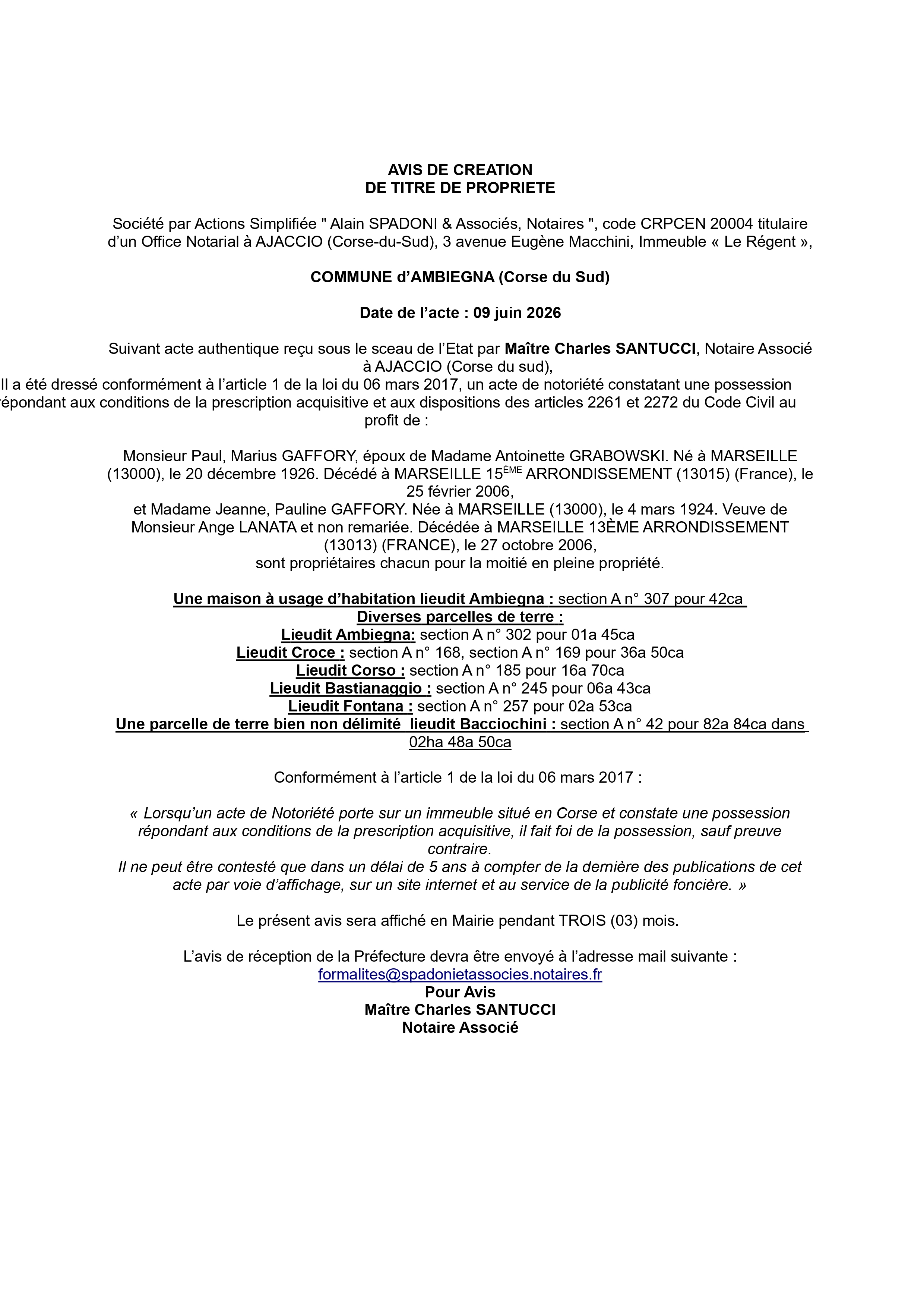 Avis de création de titre de propriété - Commune d'Ambiegna (Pumonti)