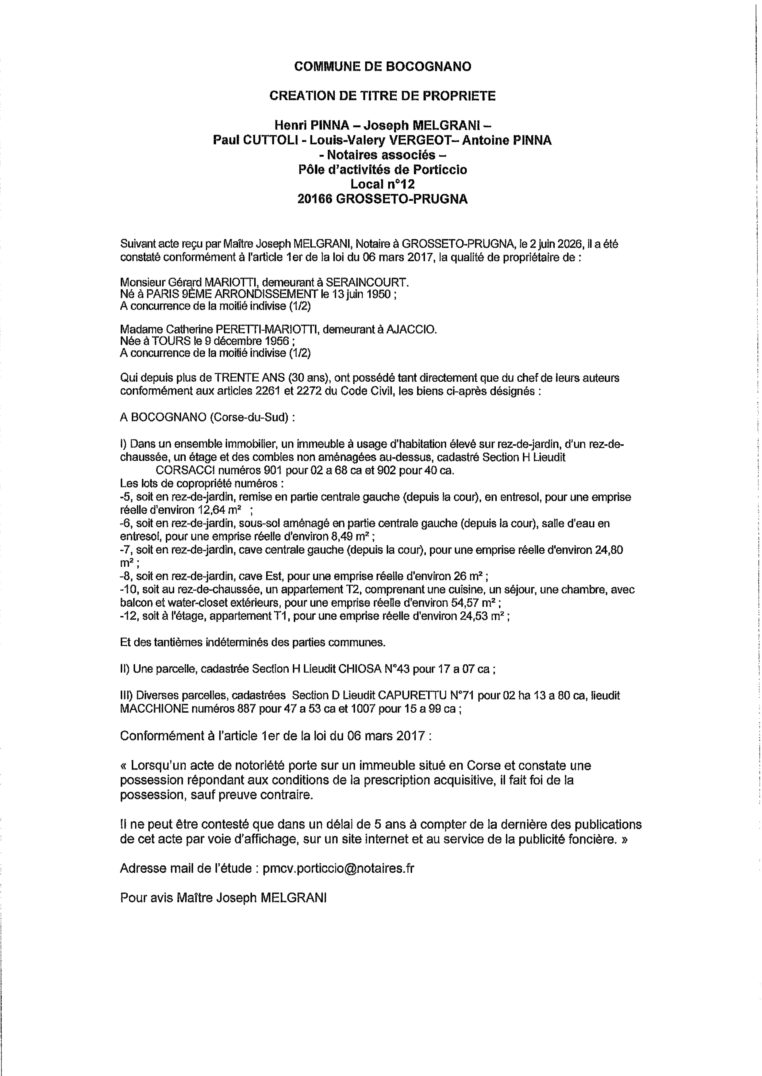 Avis de création de titre de propriété - Commune di Bucugnà (Pumonti)