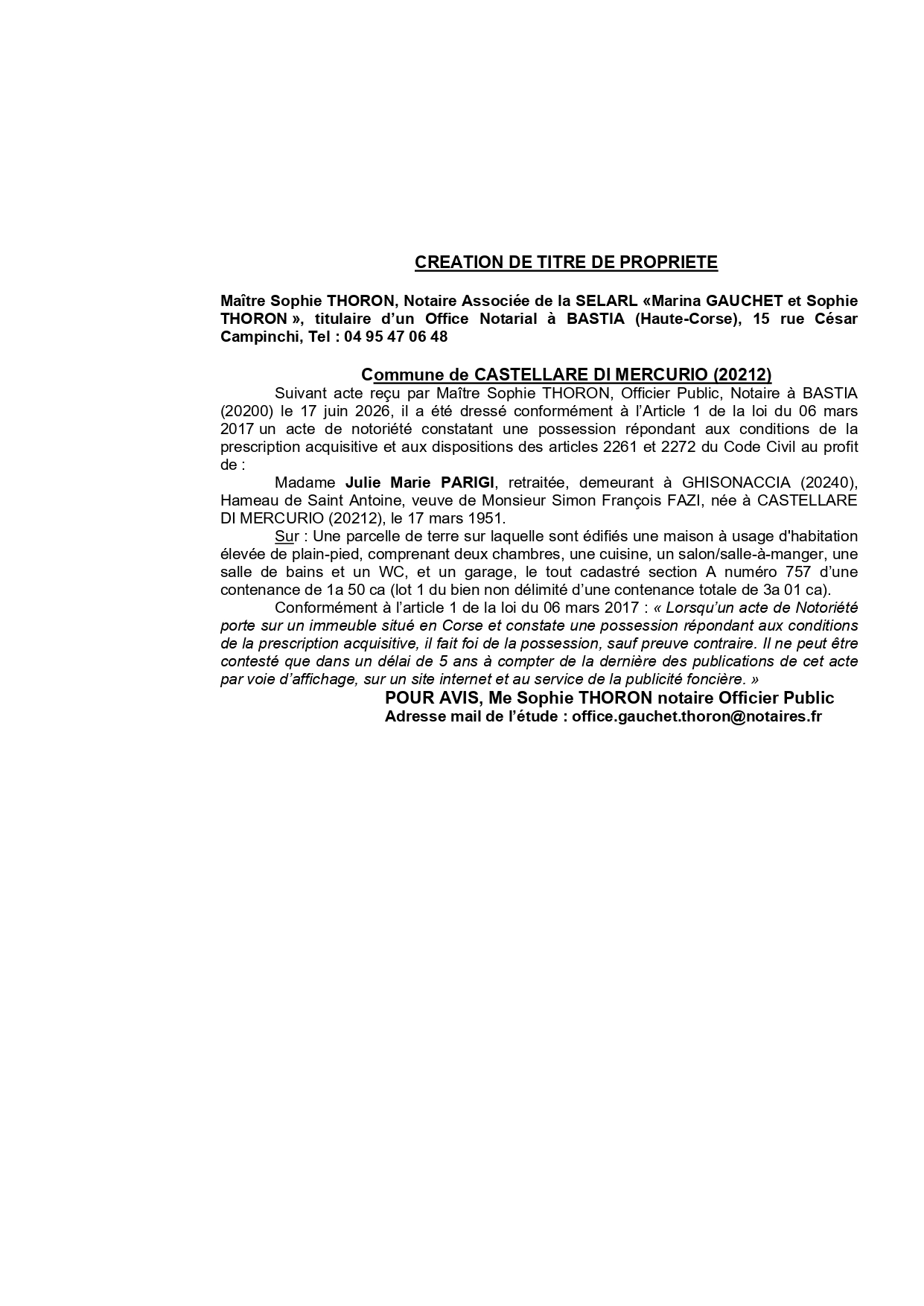 Avis de création de titre de propriété - Commune di Castellà di Mercoriu (Cismonte)