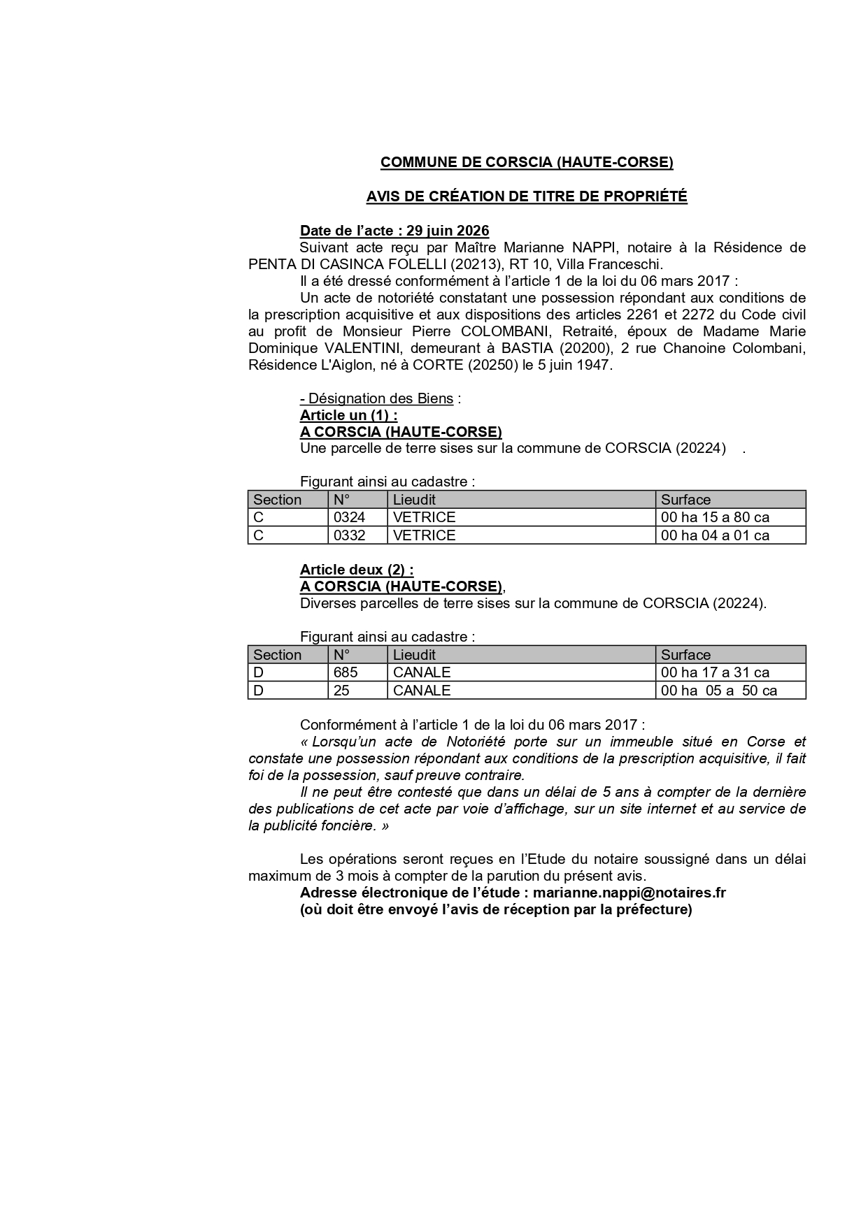  Avis de création de titre de propriété - Commune di Corscia  (Cismonte)