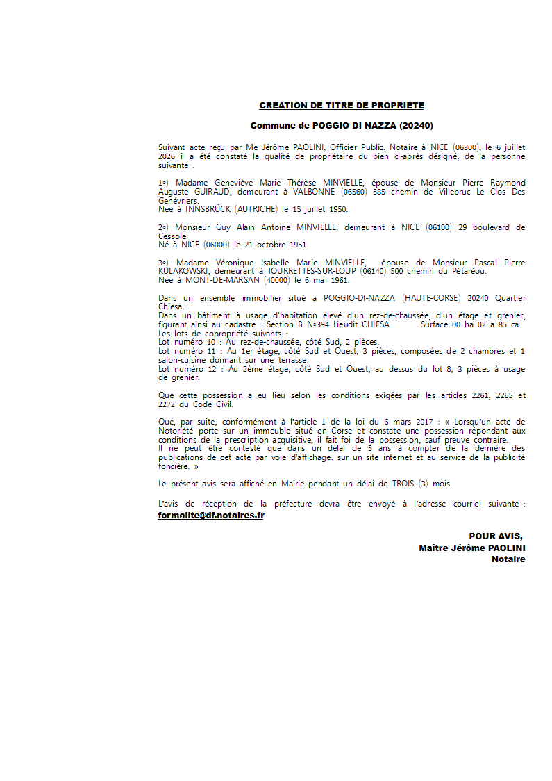 Avis de création de titre de propriété - Commune di U Poghju d Nazza  (Cismonte)