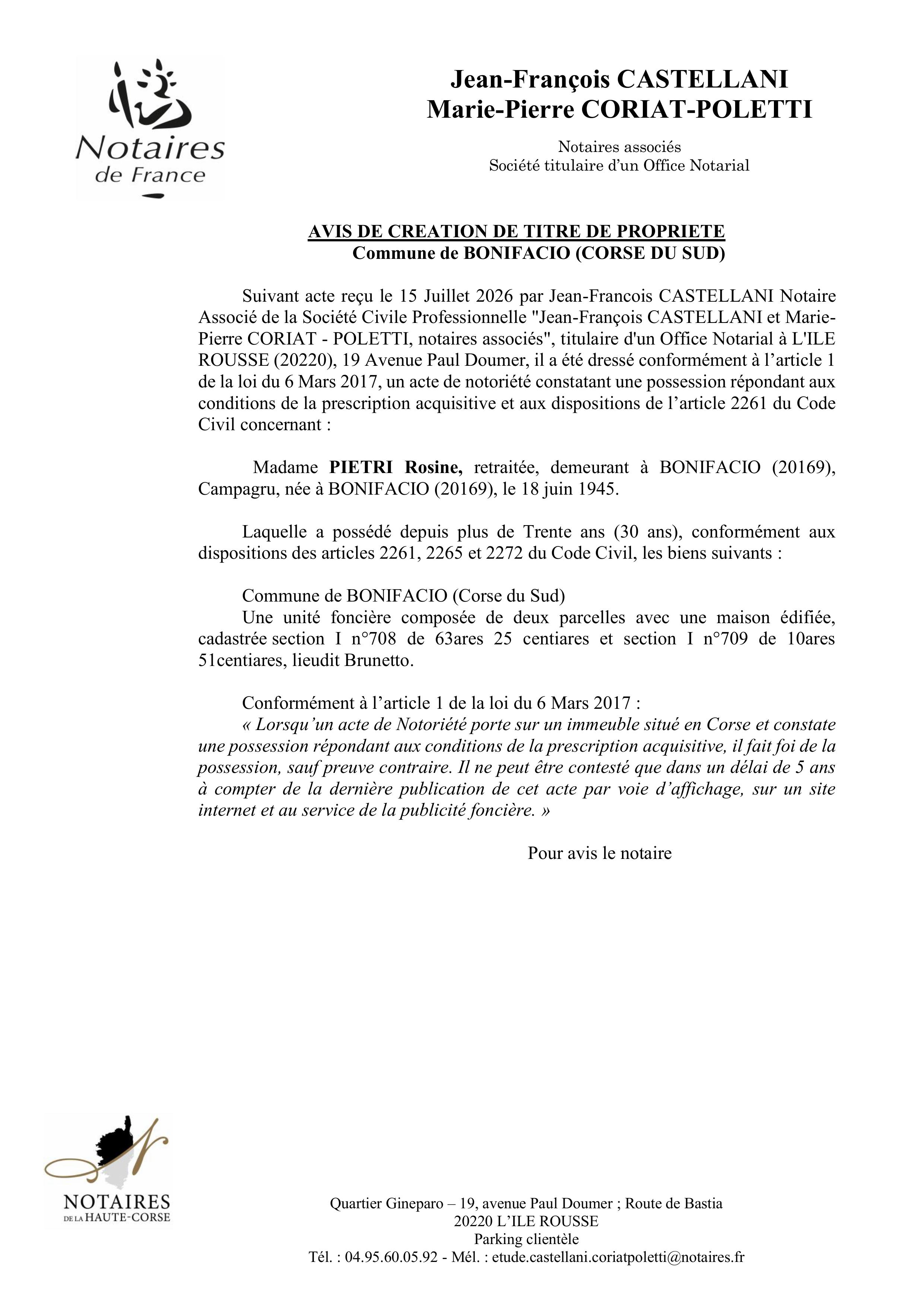  Avis de création de titre de propriété - Commune de Bunifaziu  (Pumonti)