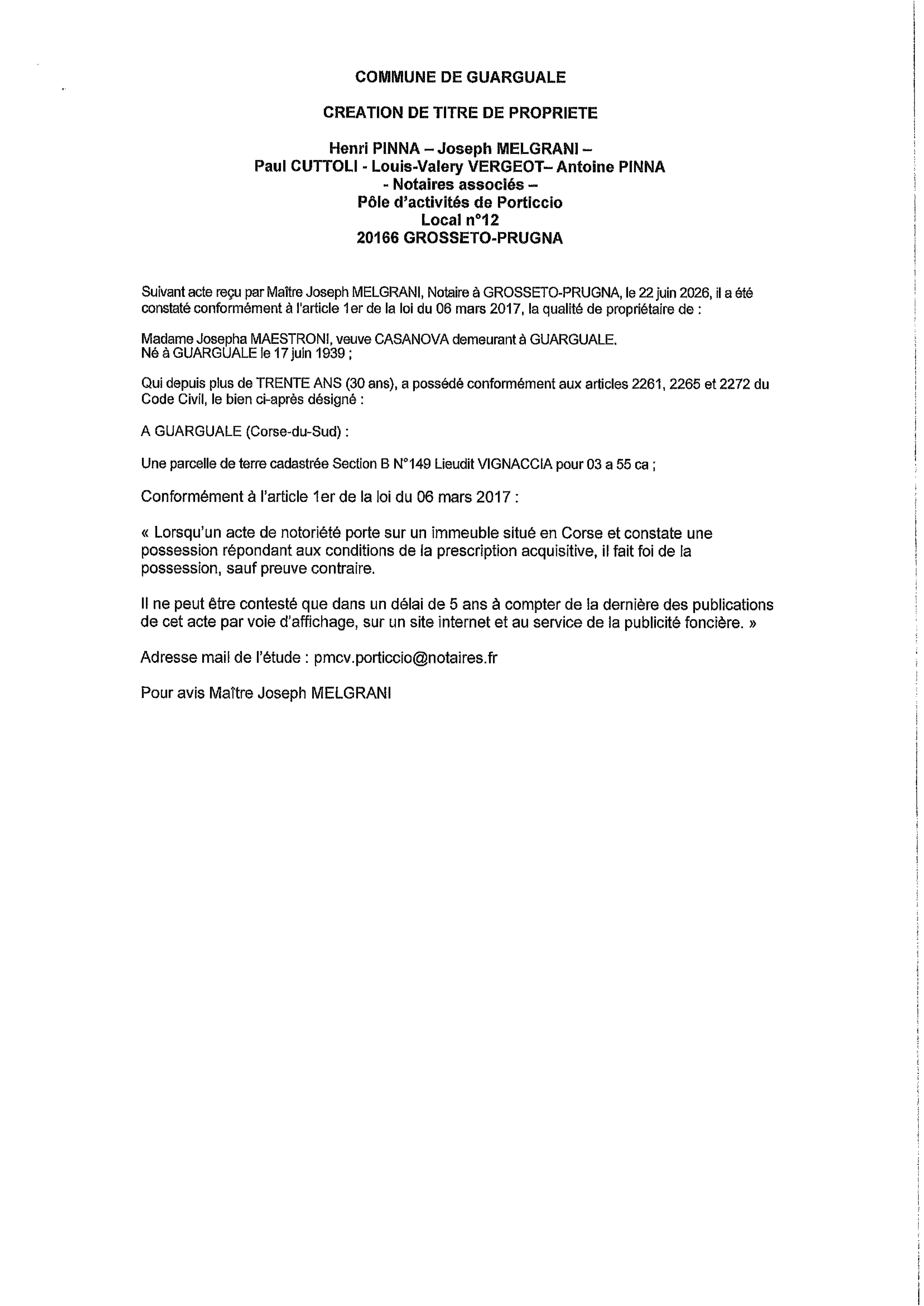 Avis de création de titre de propriété - Commune de Grussettu è Prugna (Pumonti)