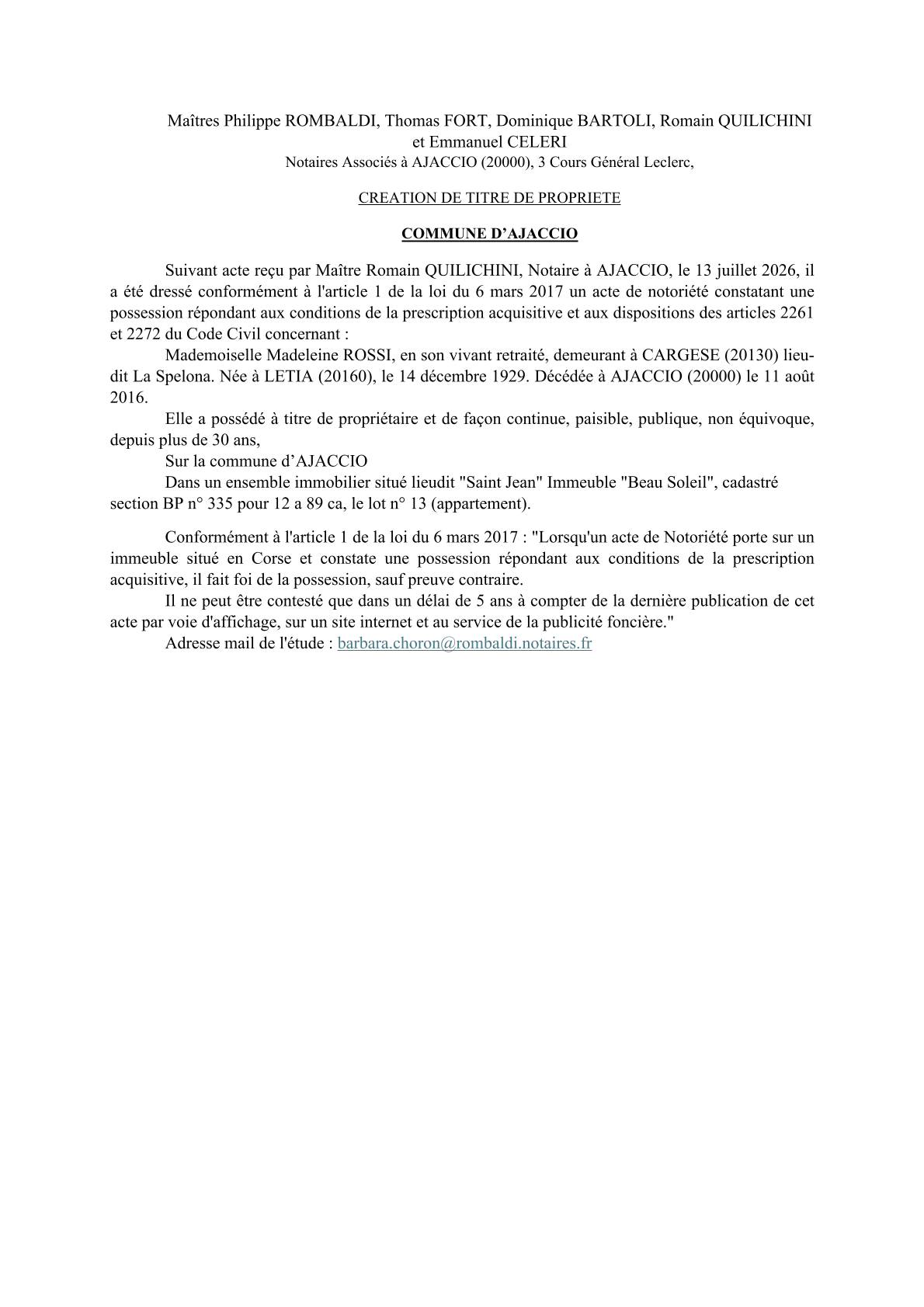  Avis de création de titre de propriété - Commune d'Aiacciu (Pumonti)