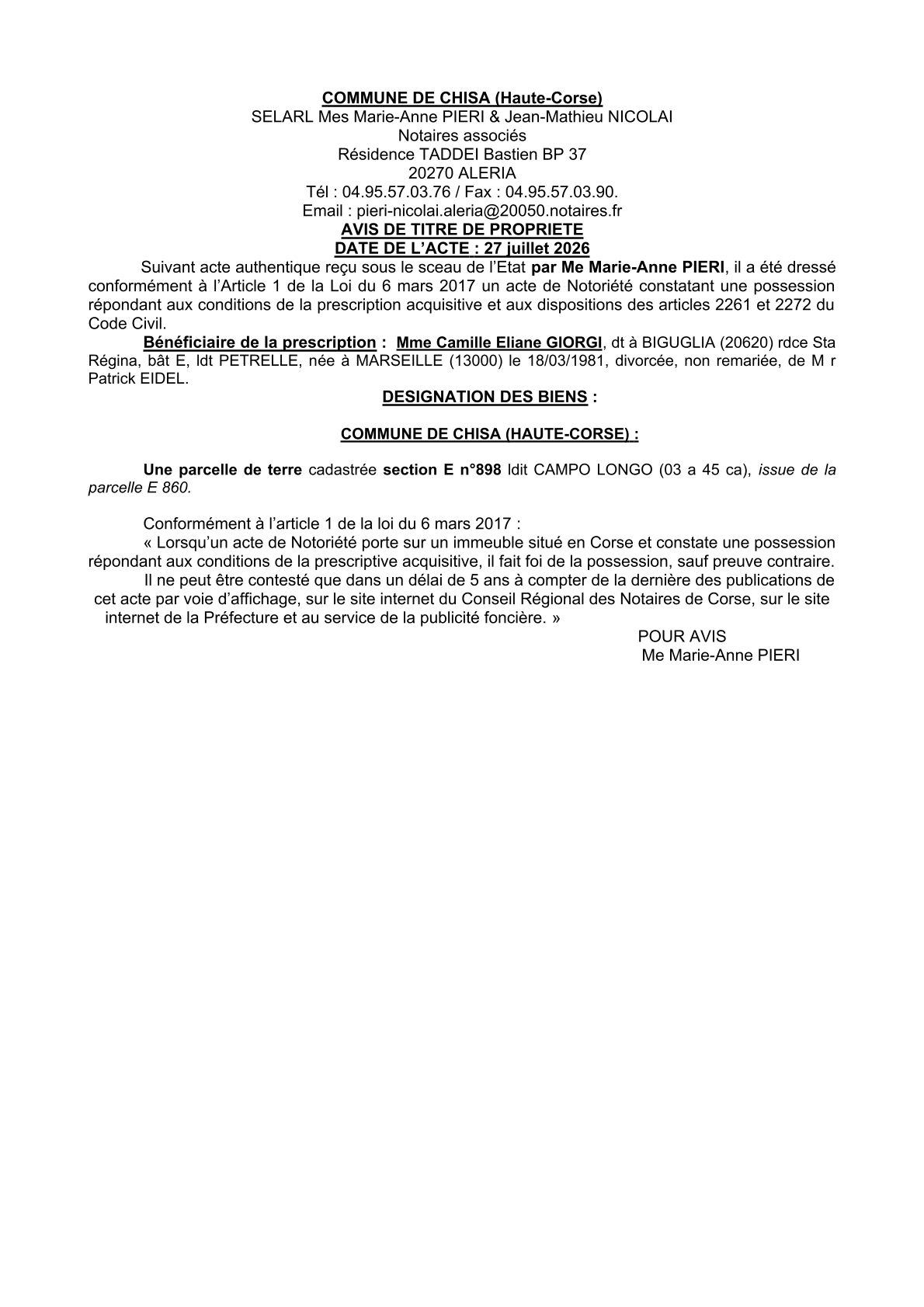  Avis de création de titre de propriété - Commune de Chisà (Cismonte)
