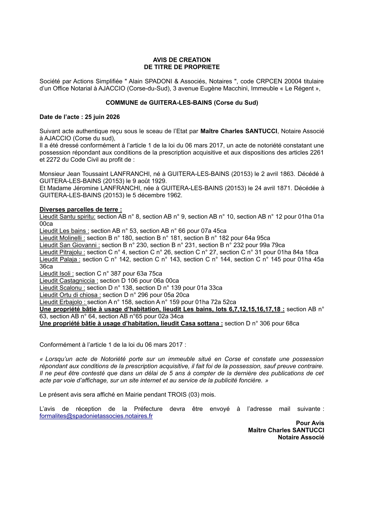  Avis de création de titre de propriété - Commune d' A Vuttera (Pumonti)
