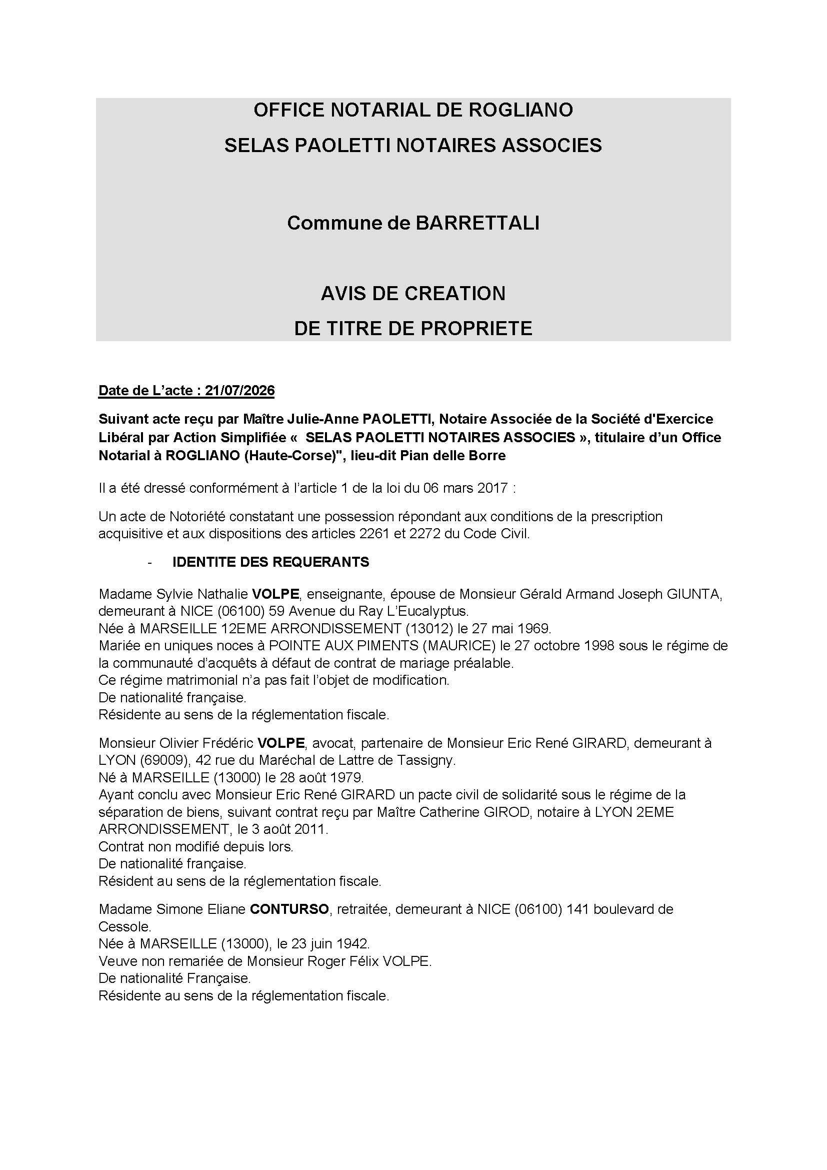 Avis de création de titre de propriété - Commune de Barrettali (Cismonte)