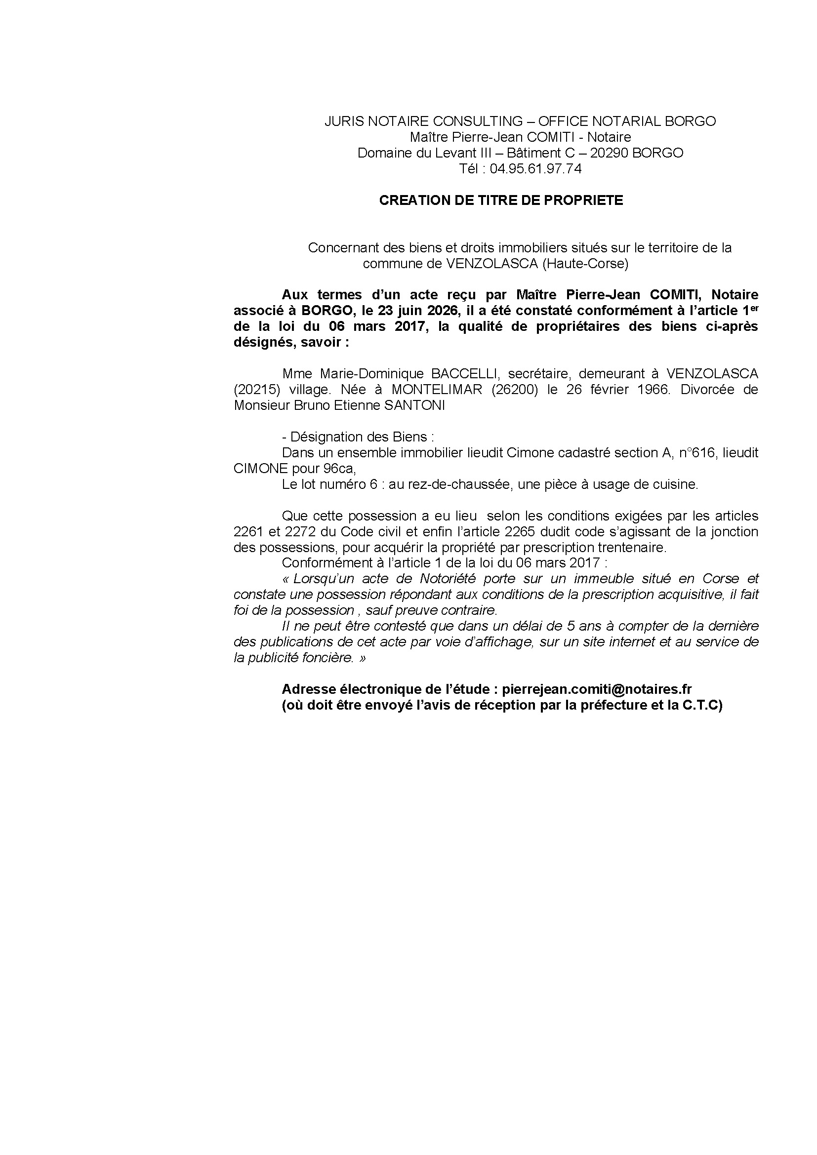Avis de création de titre de propriété - Commune d'A Venzulasca (Cismonte)