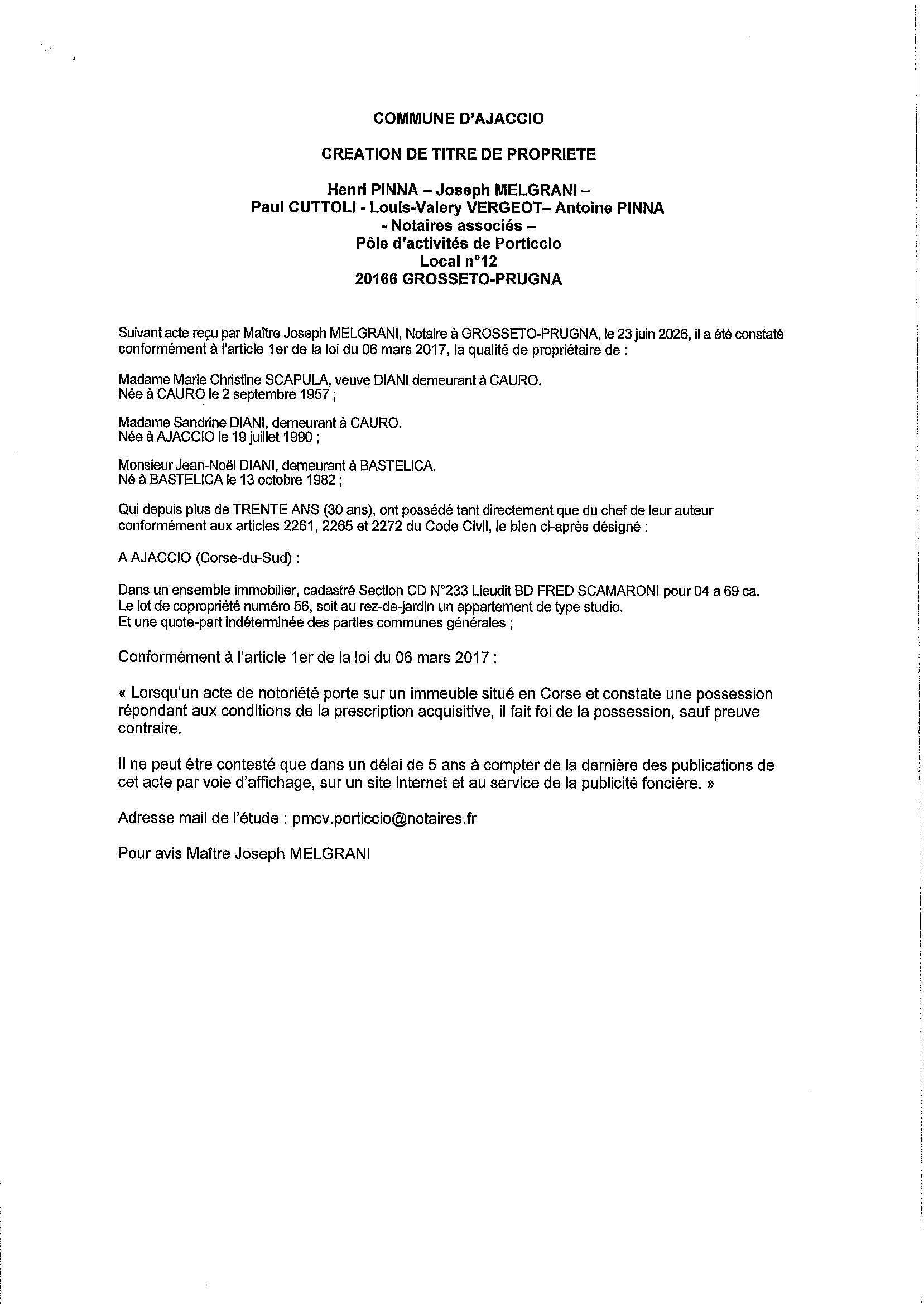 Avis de création de titre de propriété - Commune d'Aiacciu (Pumonti)