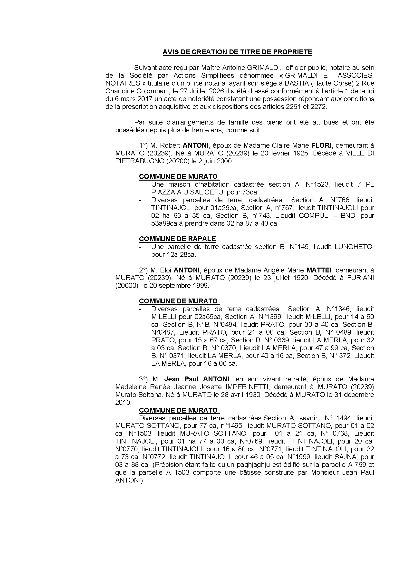 Avis de création de titre de propriété - Communes de Muratu et Rapale (Cismonte)