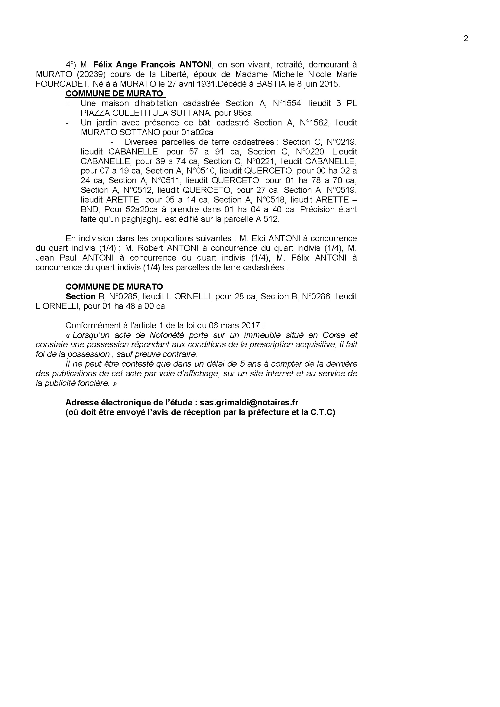Avis de création de titre de propriété - Communes de Muratu et Rapale (Cismonte)
